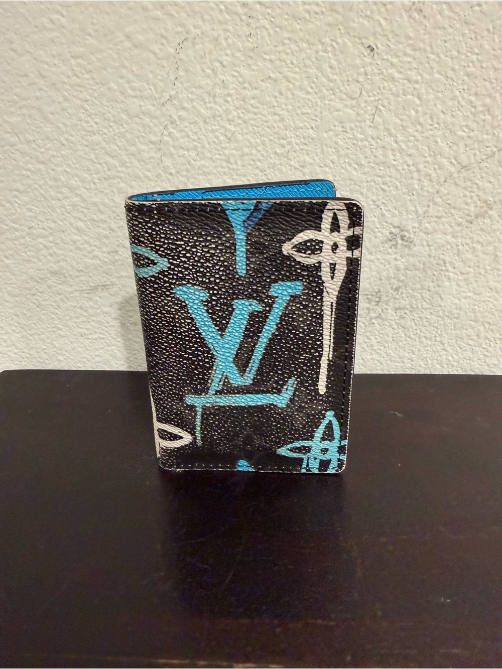 Louis Vuitton Black Card Holder with Blue and White Graffiti